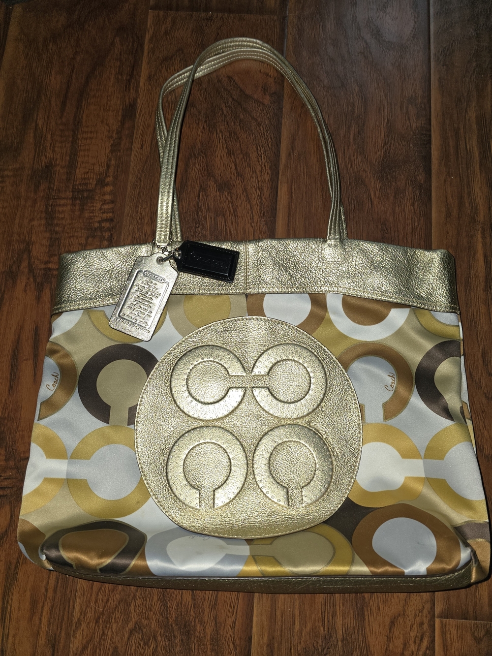Coach Gold and Brown Signature Circle Tote